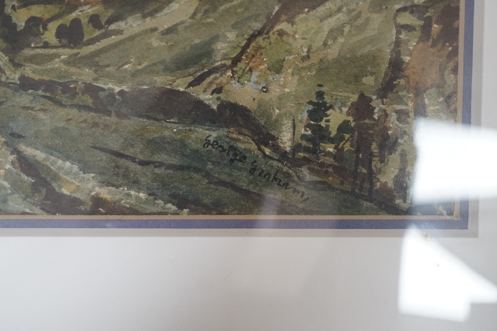 From the Studio of Fred Cuming. George Graham (1881-1949), watercolour, Mountainous landscape, signed, details verso, 27 x 31cm. Condition - fair to good